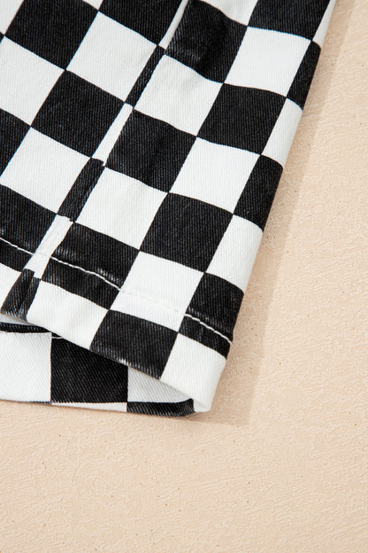 Checkered Print Overlap Denim Skort Mini Shorts