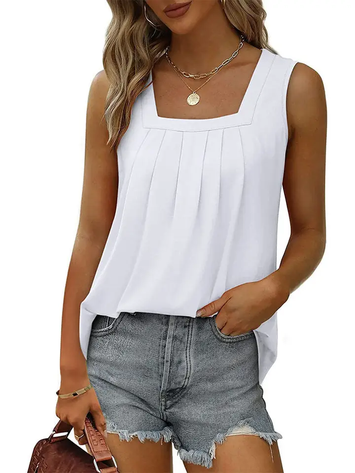 Solid Square Neck Pleated Sleeveless Flowy Tank Top