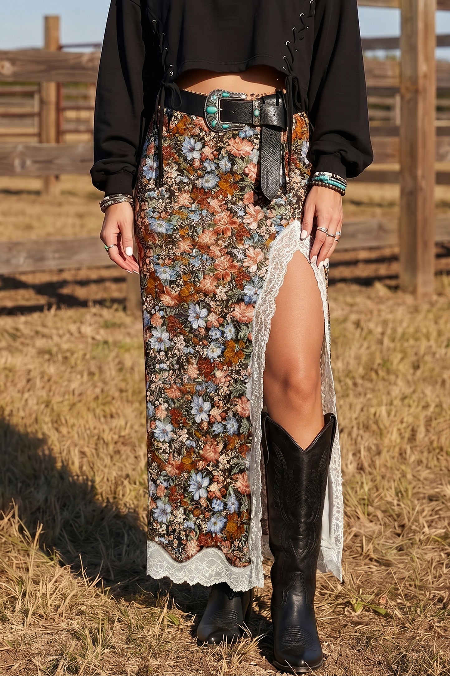 Cheetah Print Lace Trim Split Maxi Western Skirt