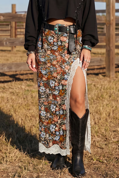 Cheetah Print Lace Trim Split Maxi Western Skirt