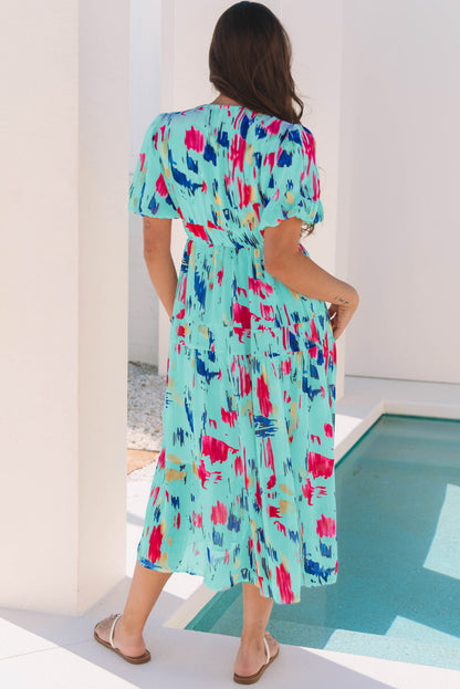 Abstract Print Puff Sleeve V Neck Tiered Maxi Dress