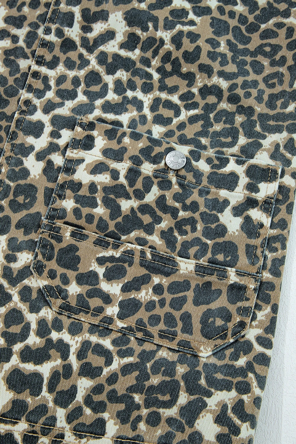 Gray Leopard Print Pocketed Loose Fit Denim Overall Dress