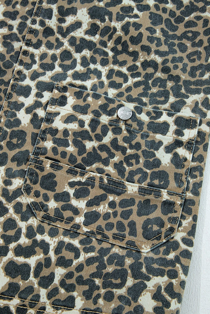 Gray Leopard Print Pocketed Loose Fit Denim Overall Dress