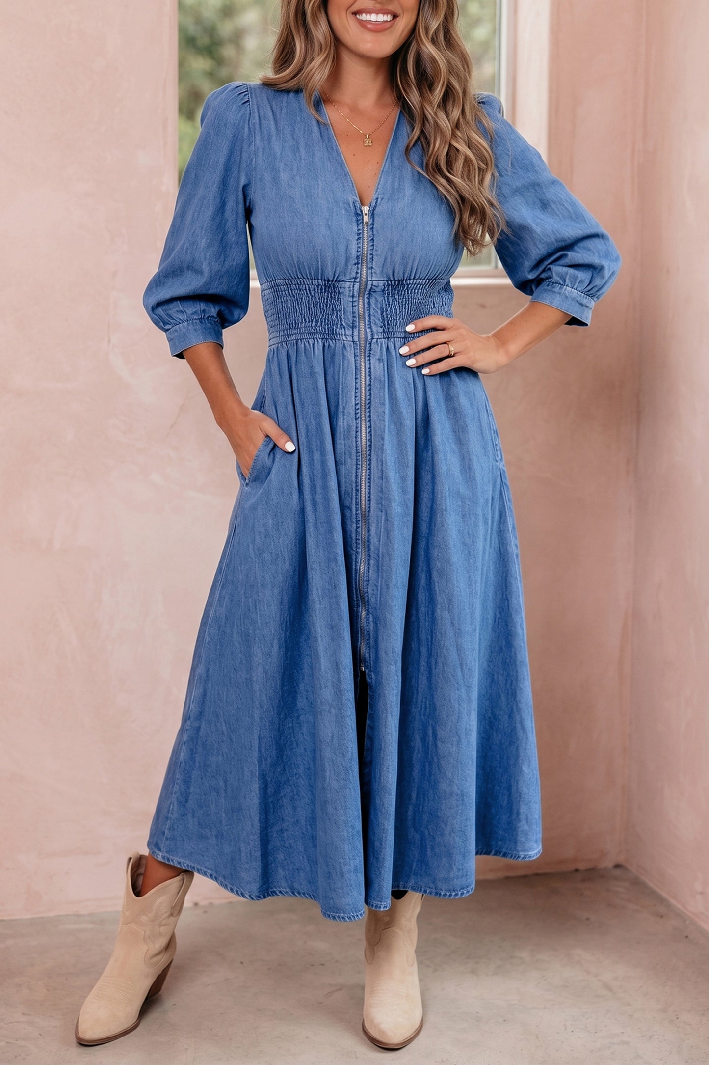 Denim Zip Front Smocked Waist Puff Sleeve Midi Dress