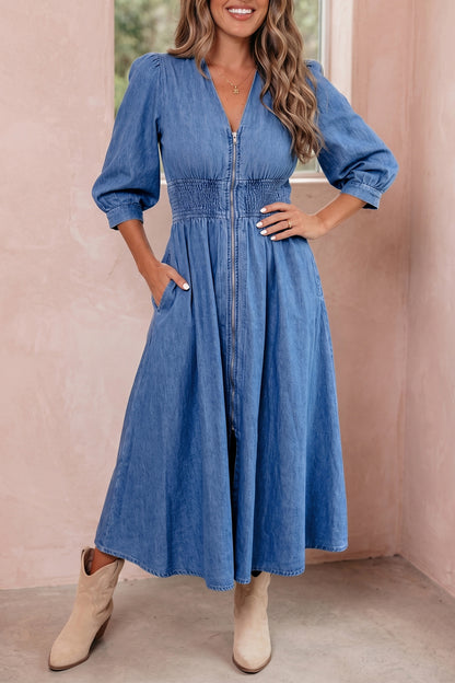 Denim Zip Front Smocked Waist Puff Sleeve Midi Dress