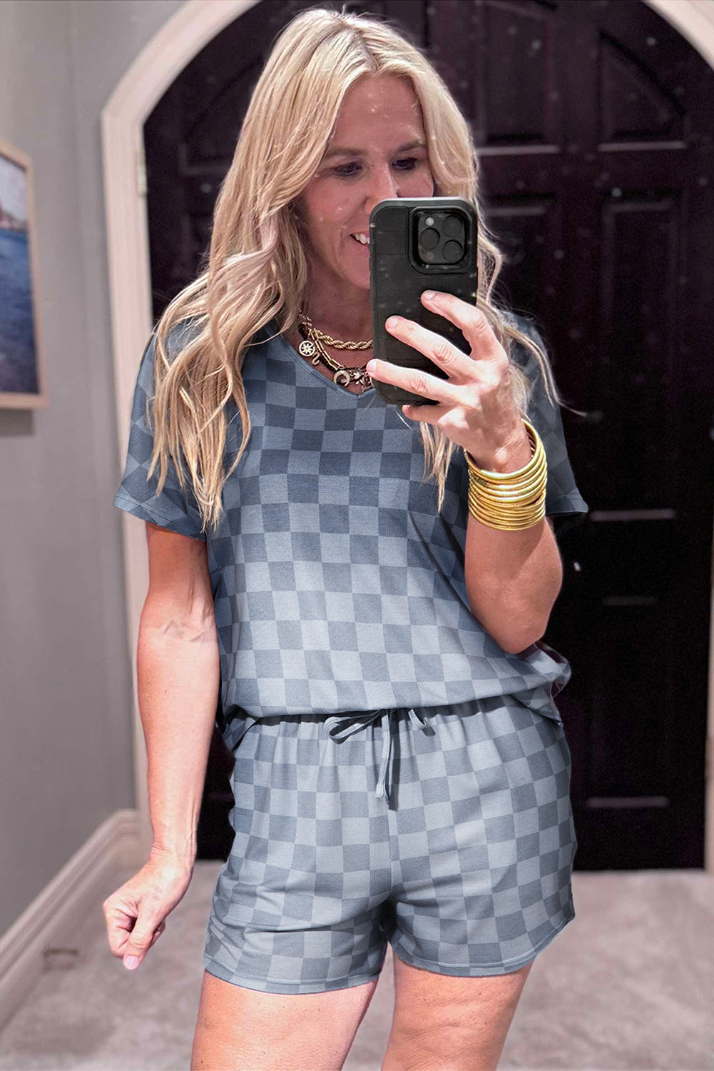 Beige Checkered Lounge Set V Neck Tee Shorts