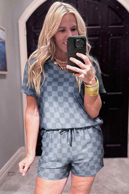 Beige Checkered Lounge Set V Neck Tee Shorts