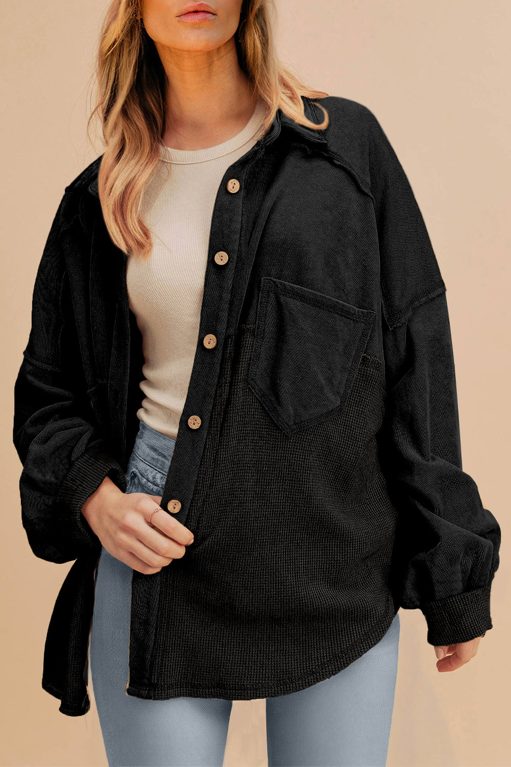 Black Waffle Knit Button Down Shacket Oversized Long Sleeve Top