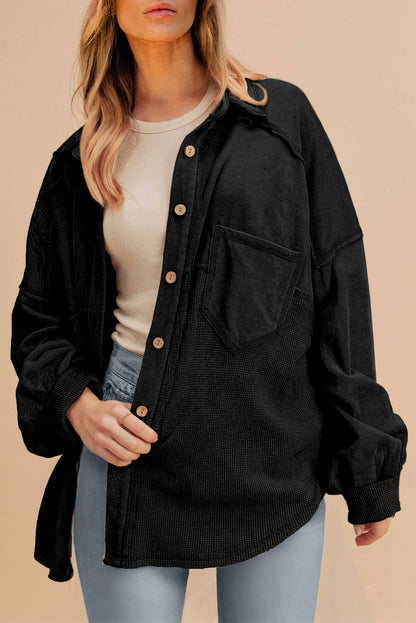 Black Waffle Knit Button Down Shacket Oversized Long Sleeve Top