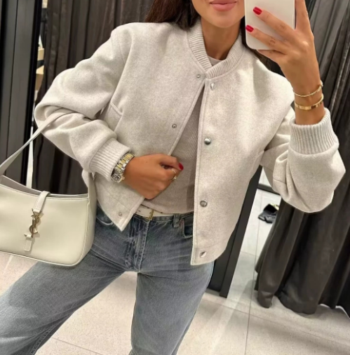 Womens Cropped Bomber Jacket Soft Casual Button Front