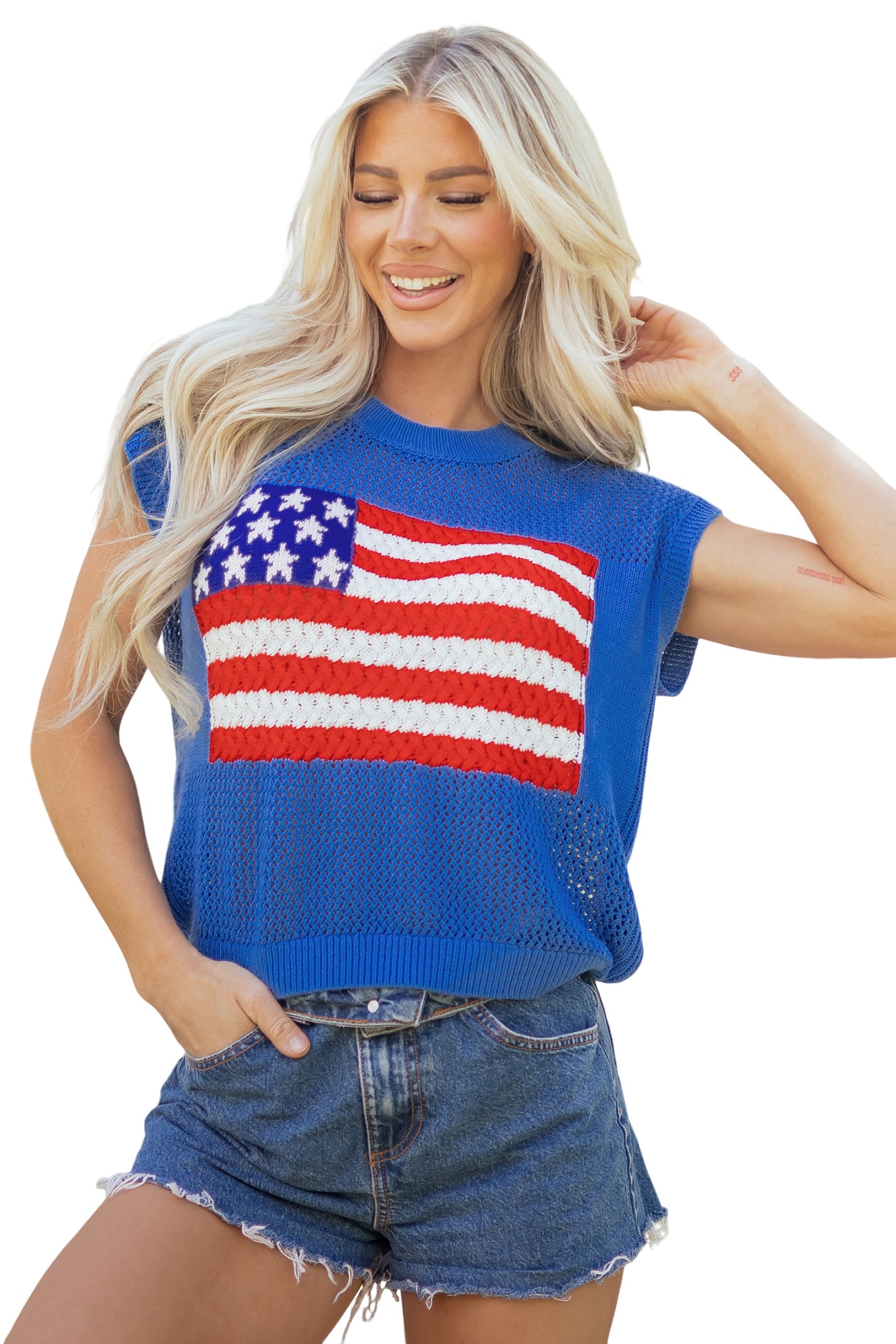 American Flag Knit Sweater Vest Patriotic Summer Top