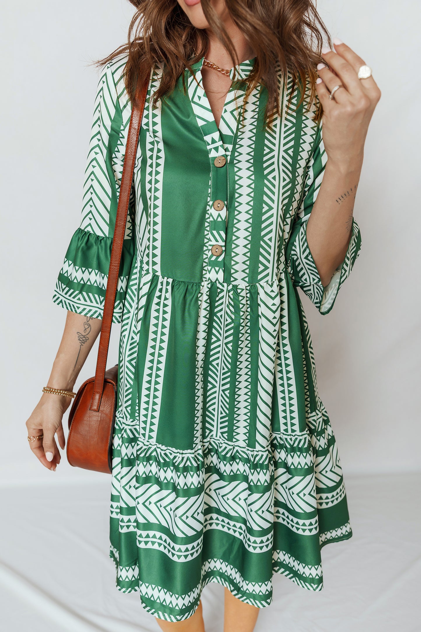 Boho Ethnic Print Mini Dress Women 3 4 Sleeve Button