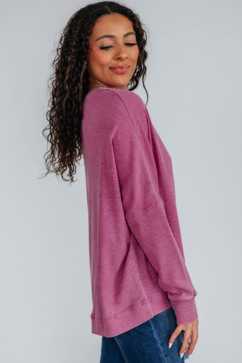 Waffle Knit Loose Long Sleeve Casual Top