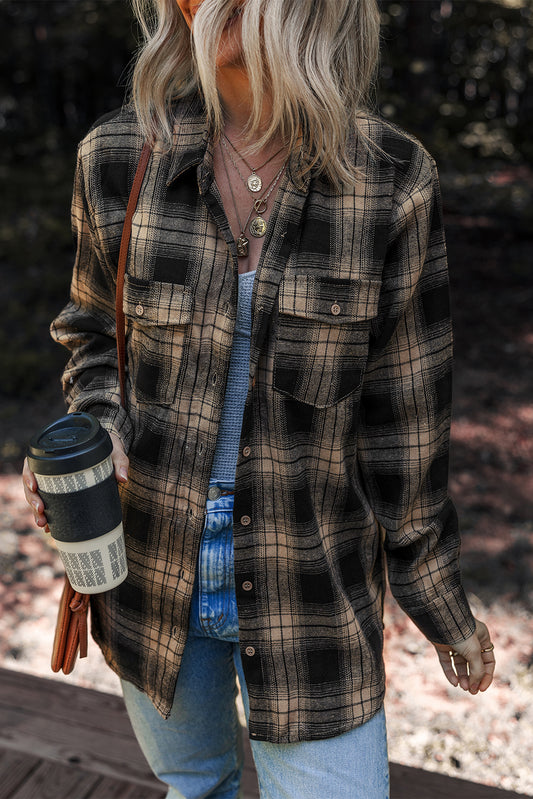 Retro Plaid Brushed Shacket with Double Flap Pockets