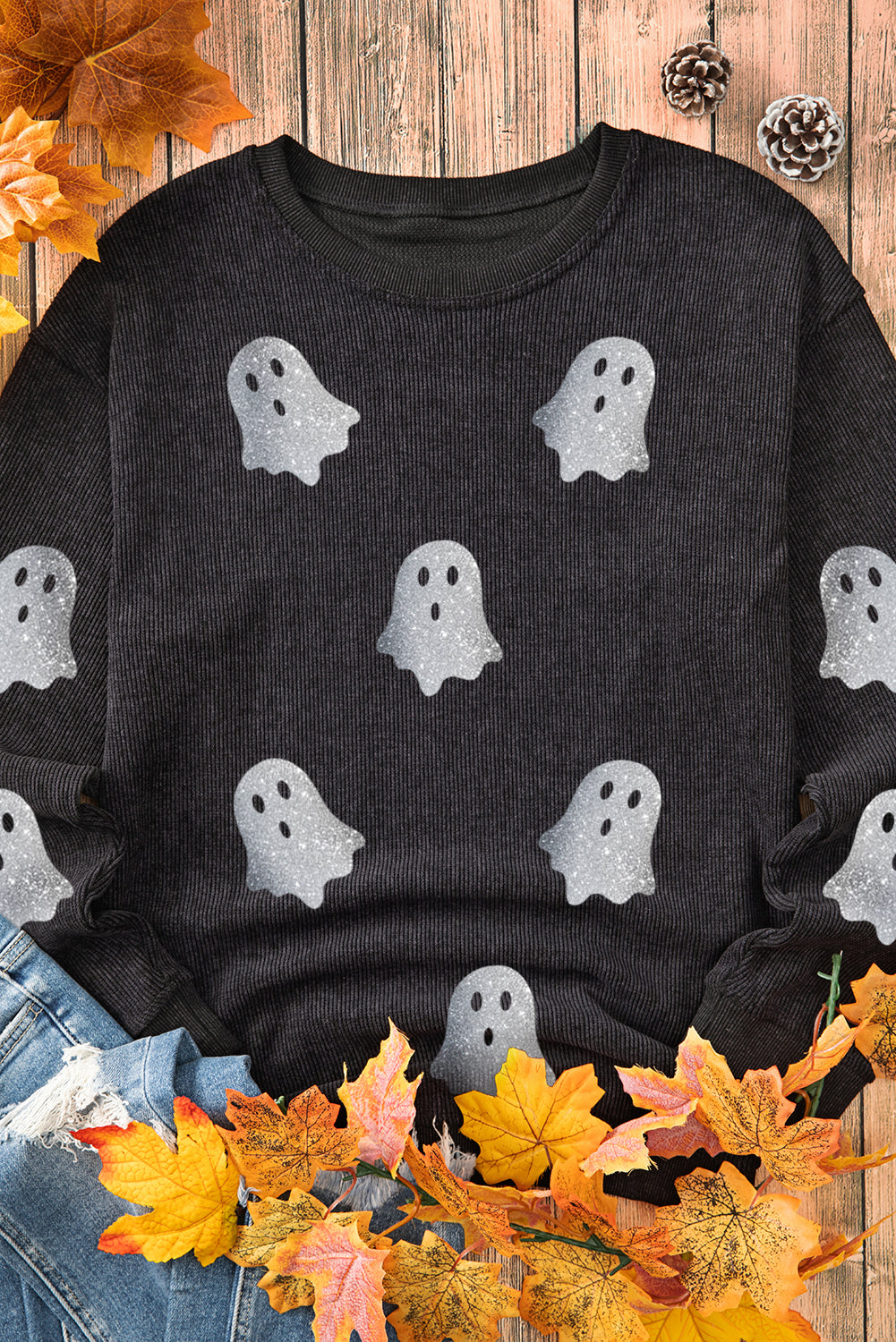 Halloween Ghost Graphic Corded Crewneck Sweatshirt