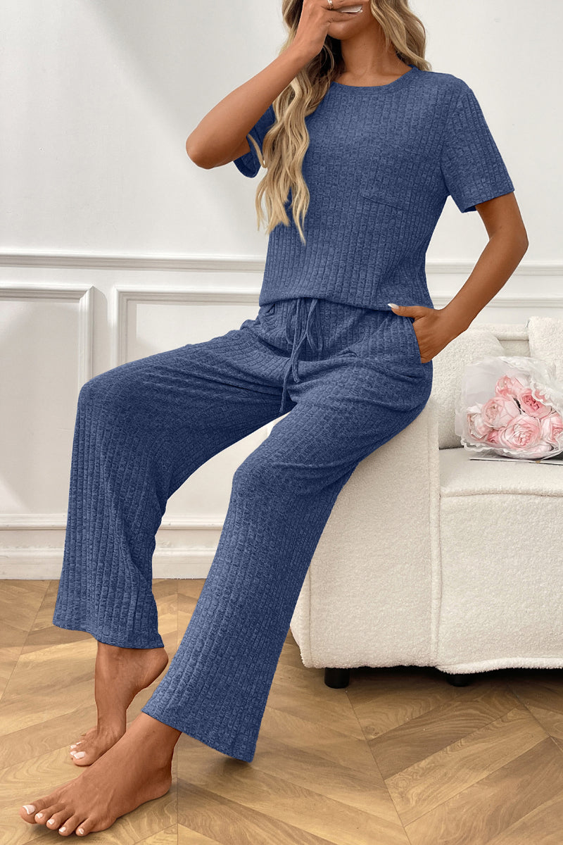 Short Sleeve Ribbed Knit Lounge Set with Drawstring Pants