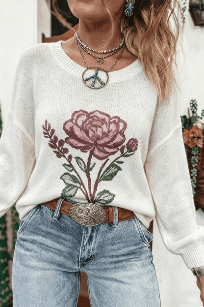 White Western Floral Dropped Shoulder Lightweight Knit Sweater