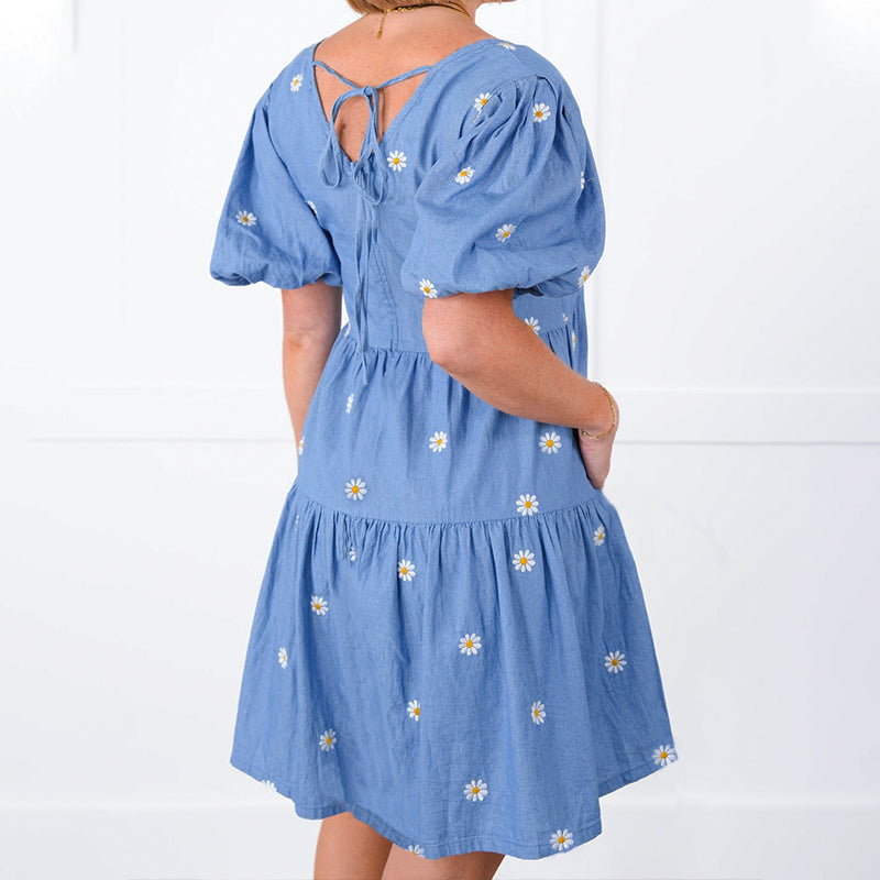 Blue Daisy Puff Sleeve Floral Mini Dress Summer Boho