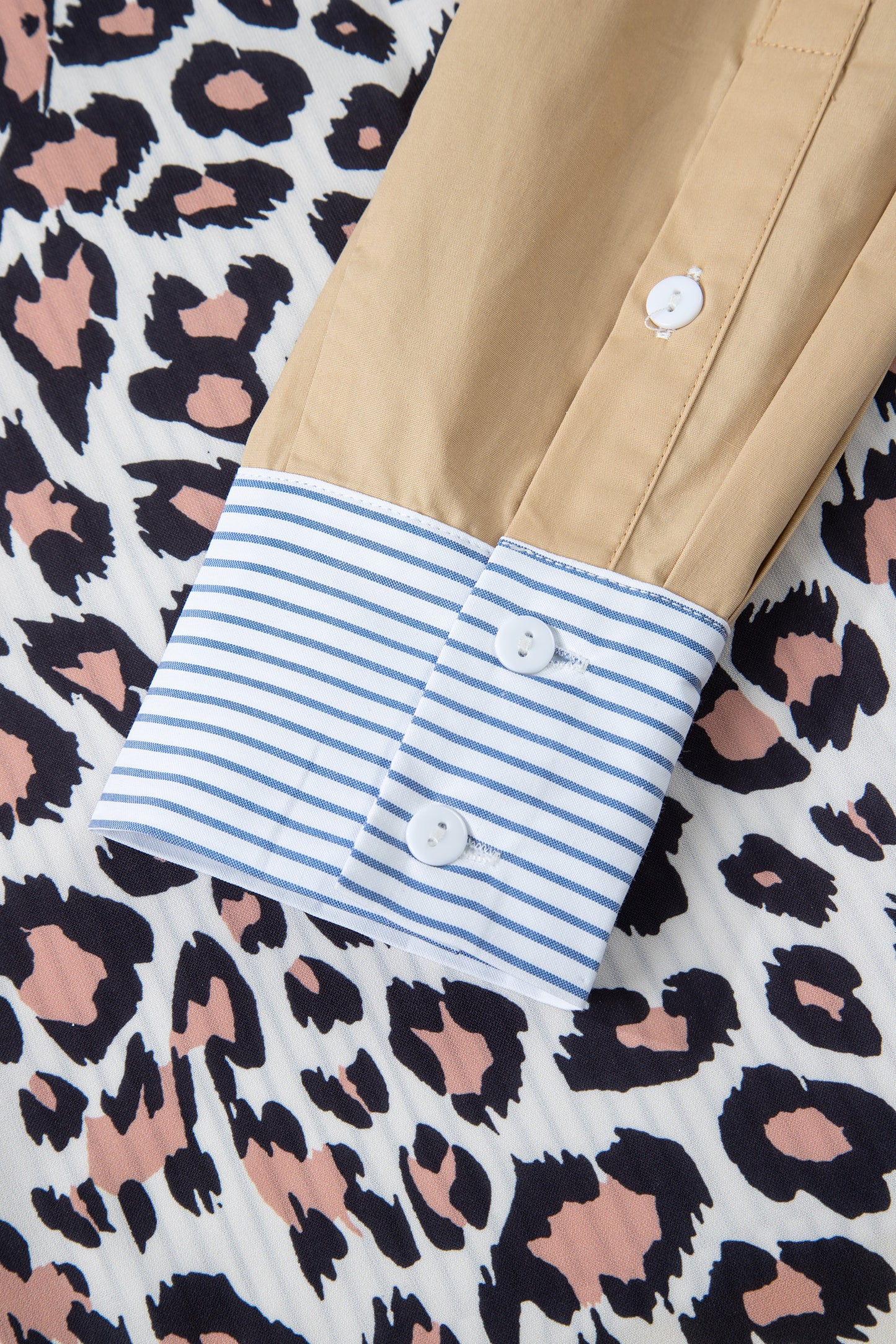 Sky Blue Striped Colorblock Leopard Patchwork Pocket Shirt