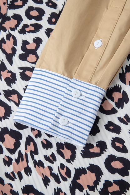 Sky Blue Striped Colorblock Leopard Patchwork Pocket Shirt