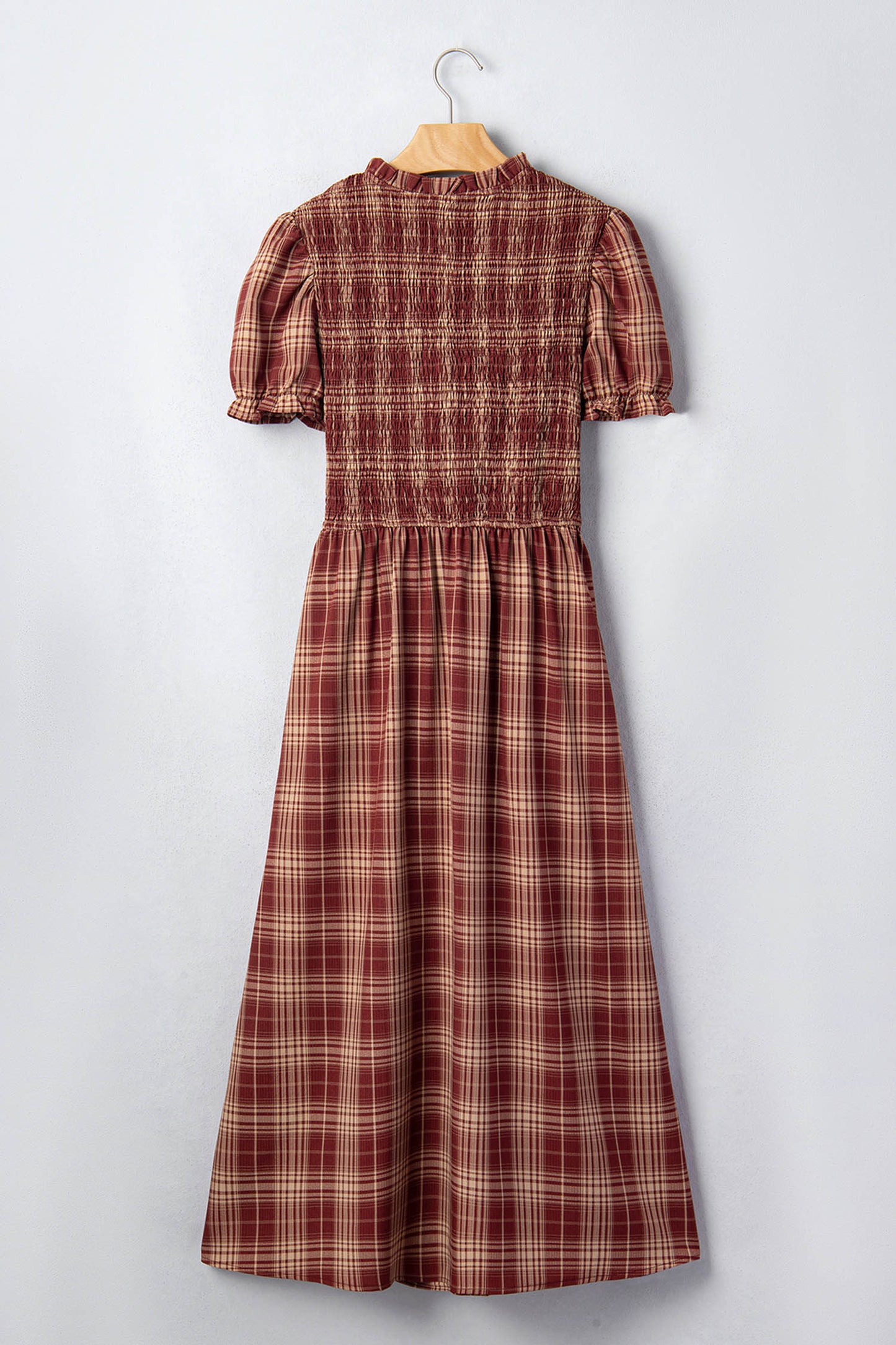 Western Plaid Puff Sleeve Midi Dress Tie Front