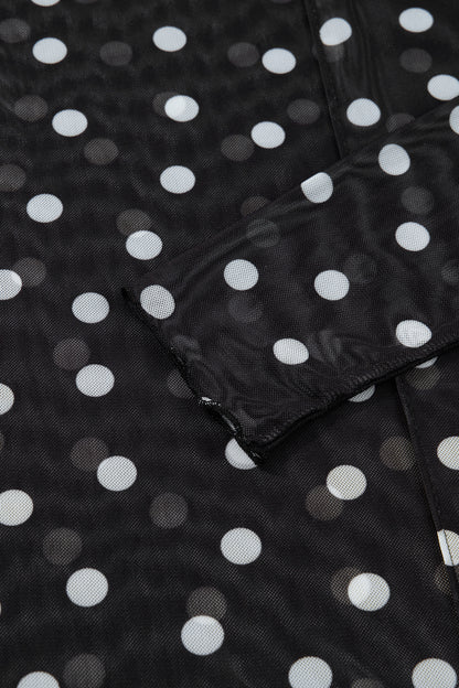 Black Polka Dot Mesh Mock Neck Long Sleeve Top