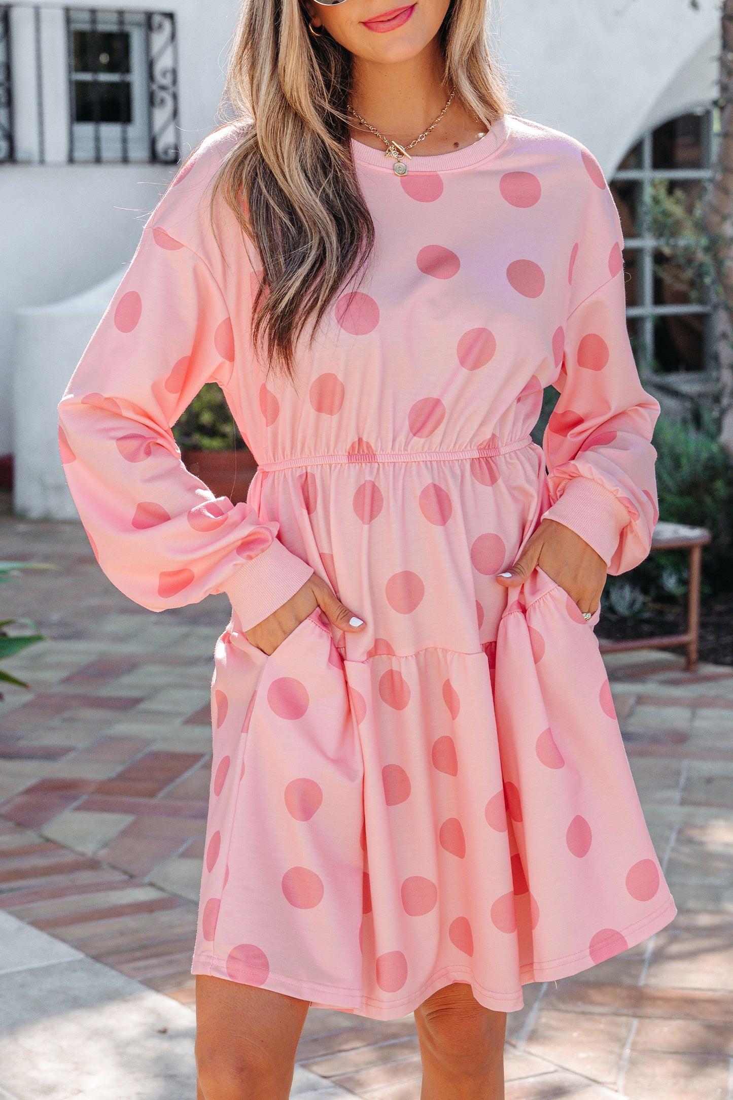 Pink Polka Dot Long Sleeve Tiered Mini Dress