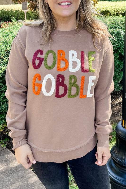 Khaki Gobble Gobble Chenille Letter Thanksgiving Sweatshirt