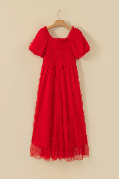 Fiery Red Tiered Tulle Smocked Bodice Puff Sleeve Dress