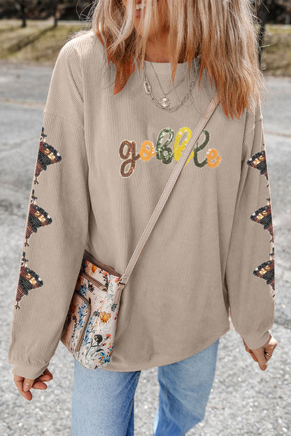 Thanksgiving Turkey Sequin Gobble Corded Sweatshirt
