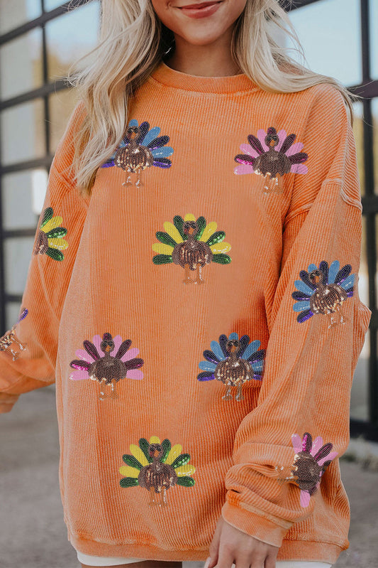 Sequined Turkey Corded Oversized Thanksgiving Sweatshirt