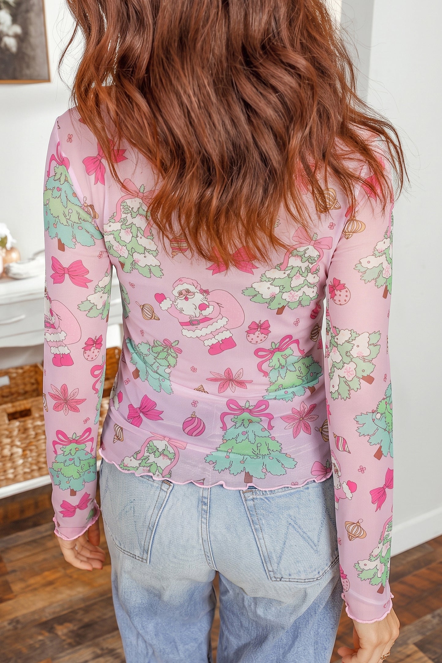 Pink Christmas Print Mock Neck Mesh Long Sleeve Top