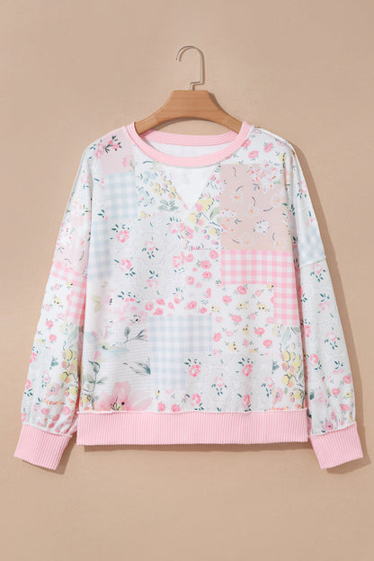 Pink Twisted Ribbed Trim Floral Print Patchwork Long Sleeve Top