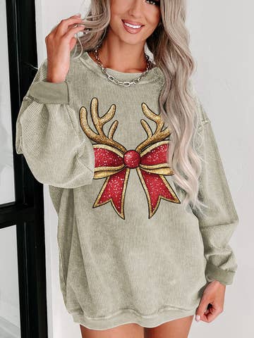 Christmas Reindeer Bow Graphic Corded Knit Sweatshirt