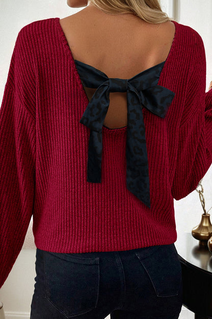 Bow Back Ribbed Knit V Neck Long Sleeve Top
