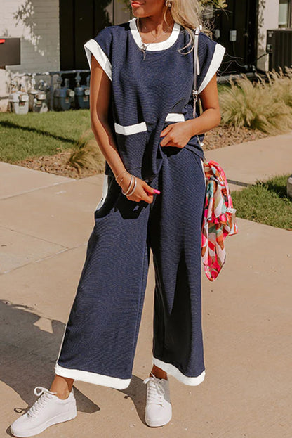 Navy Colorblock Pocket Tee Wide Leg Pants Two Piece Set