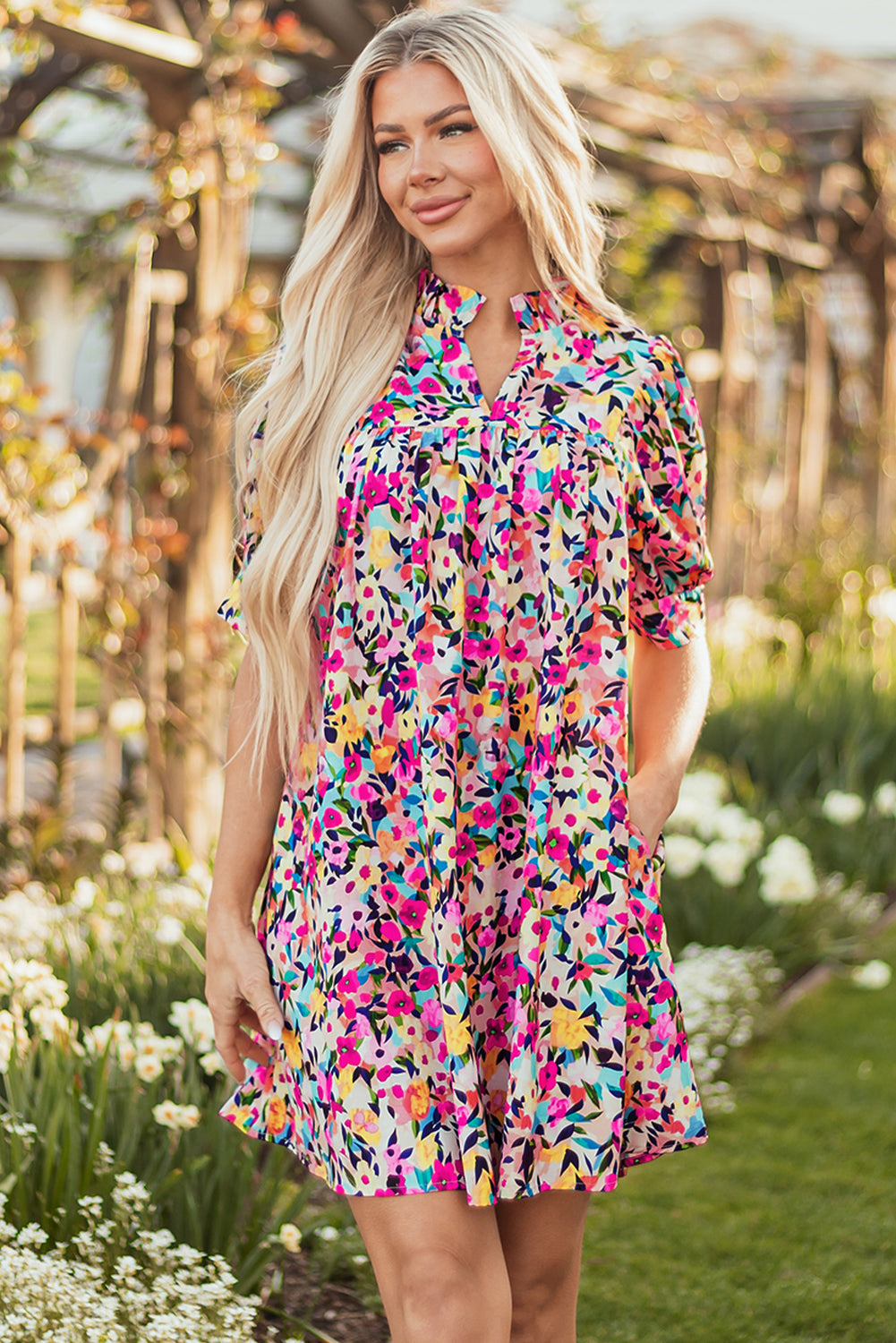 Pink Floral Puff Sleeve V Neck Mini Dress