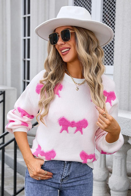Bow Knit Pullover Sweater - Cozy Graphic Crewneck Top