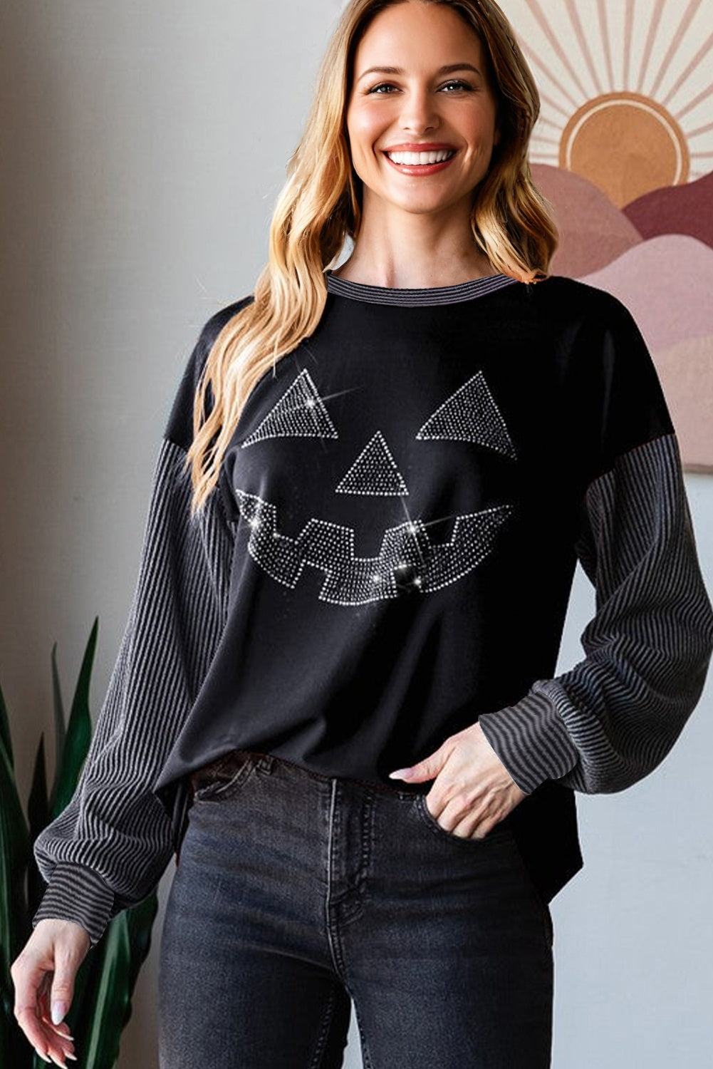 Black Halloween Rhinestone Pumpkin Face Ribbed Sleeve Top