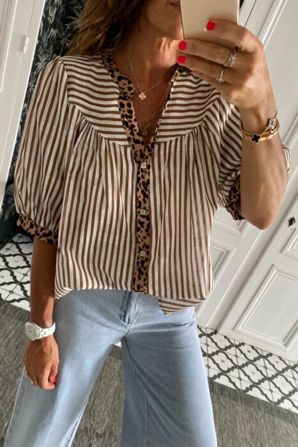 Brown Stripe V Neck Button Down Top with Leopard Trim Detail