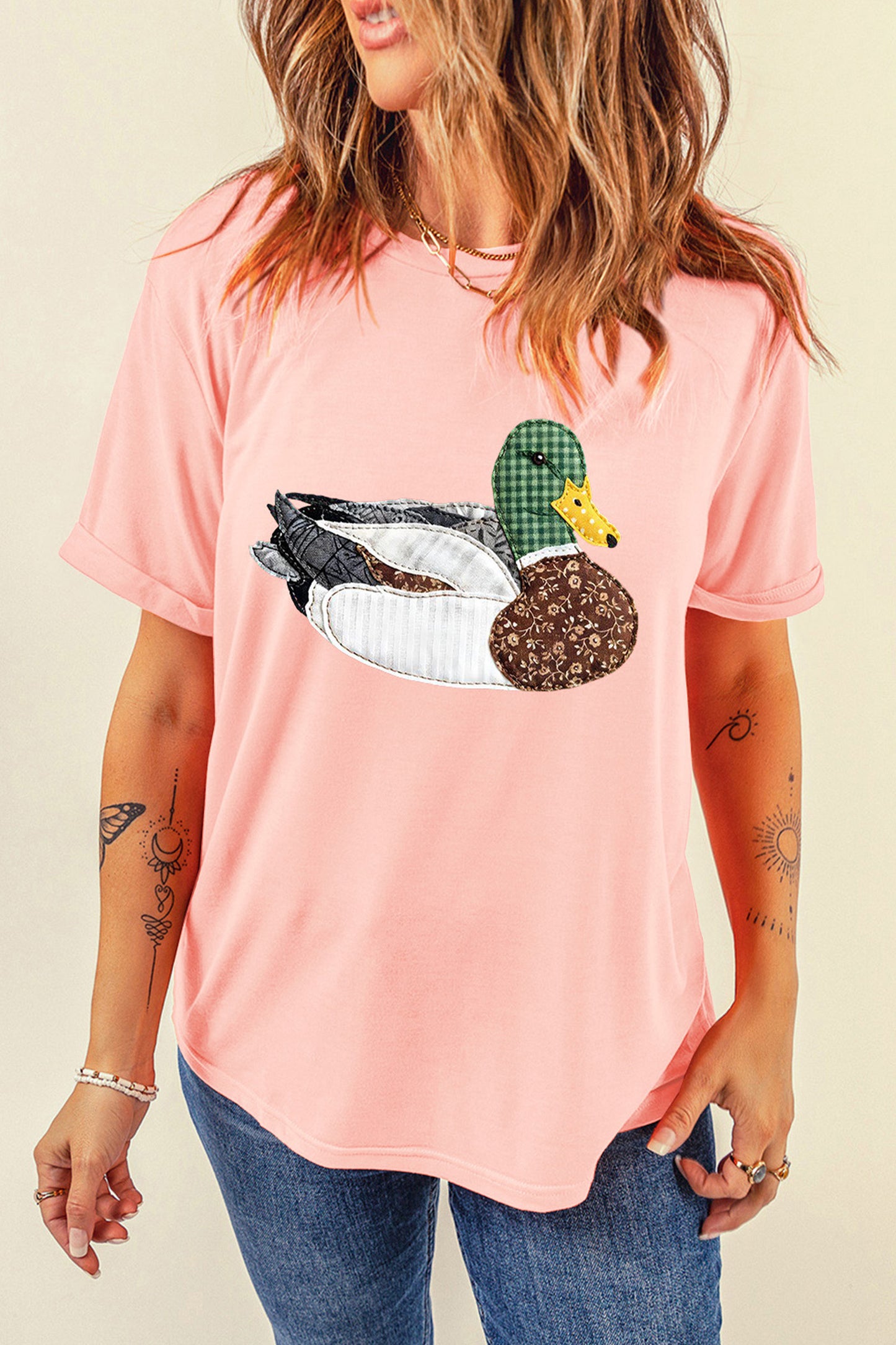 Pink Patchwork Duck Graphic Casual Crewneck Tee