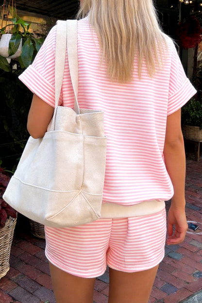 Casual Stripe 2 Piece Short Set Women Lounge Outfit