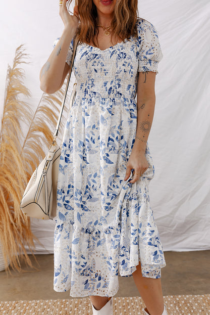 Sky Blue Floral Smocked Bodice Puff Sleeve Midi Dress