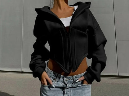 Women's Corset Cropped Zip-Up Hoodie Fleece Jacket