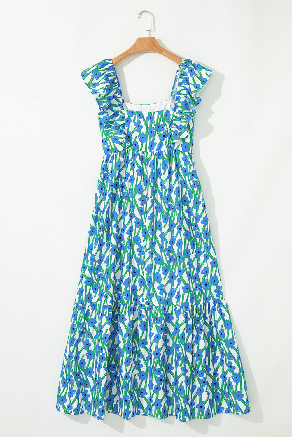 Pink Floral Square Neck Ruffle Sleeve Maxi Dress