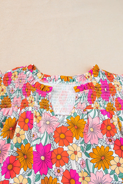 Multicolour Plus Floral Notched Neck Ruffle Sleeve Blouse