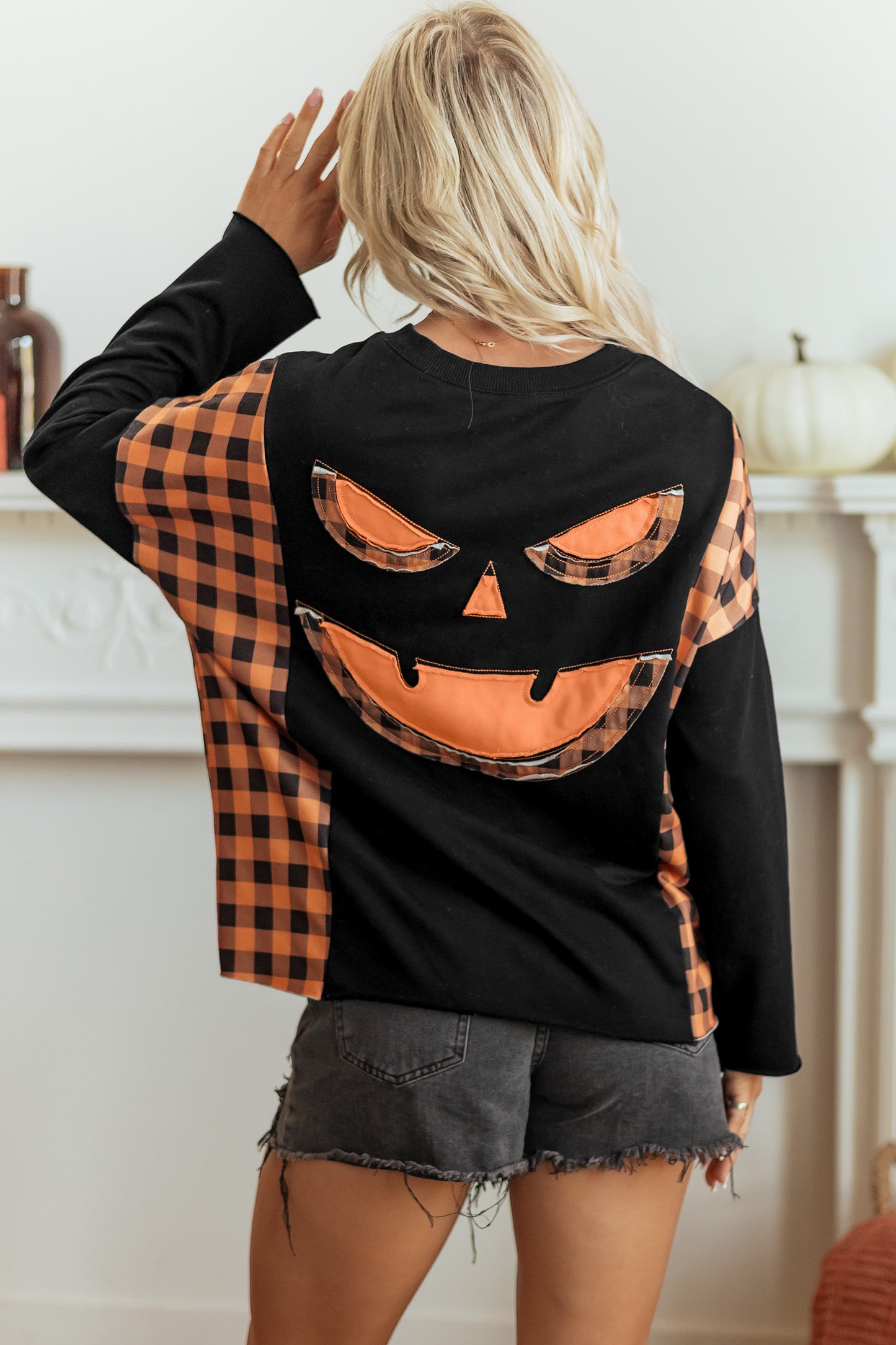 Halloween Pumpkin Face Plaid Patchwork Long Sleeve Top