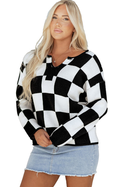 Women's Checkered Knit Sweater with Notched Neck