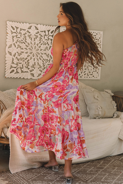 Pink Floral One Shoulder Smocked Tiered Maxi Dress