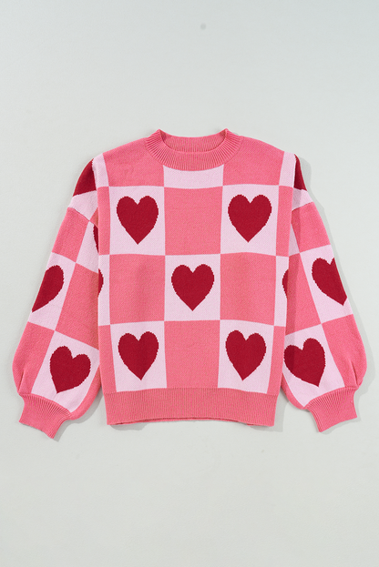 Pink Heart Checker Valentine Mock Neck Lantern Sleeve Sweater